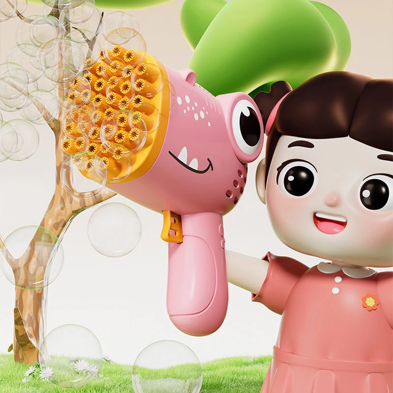 Пістолет для мильних бульбашок Dinosaur Bubble Gun з насадкою на 40 отворів 50ml – Pink. Фото 3 з 5