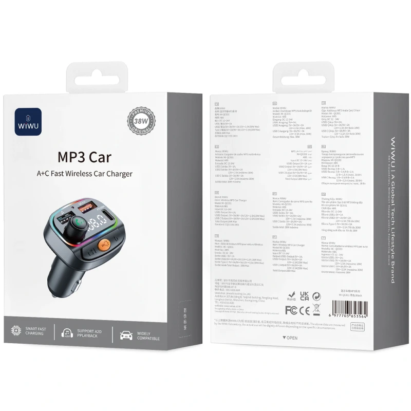 АЗП FM модулятор WIWU QC031 MP3 Car PD20W+QC3.0 (2USB-A/1C) – Black. Фото 2 з 8