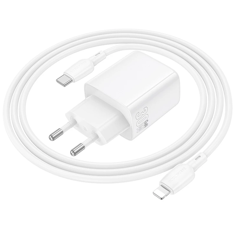 СЗУ Borofone BN29 Fuente PD30W+QC3.0 (1USB-A/1C) + кабель Type-C to Lightning – White. Фото 2 из 6