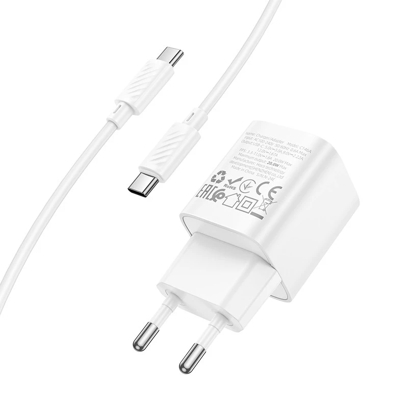 СЗУ Hoco C146A Charm PD20W (1USB-C) + кабель Type-C to Type-C – White. Фото 7 из 8