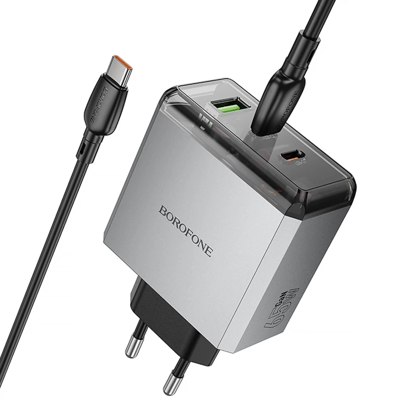 СЗУ Borofone BN22 Lena PD65W (1USB-A/2C) + кабель Type-C to Type-C – Metal gray. Фото 3 из 6