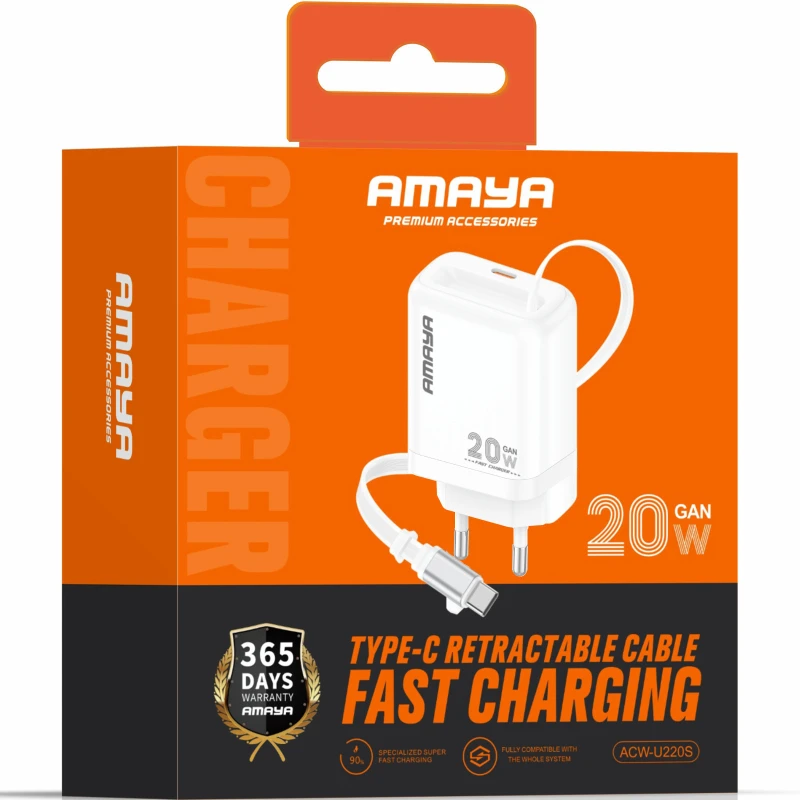 СЗУ Amaya E220S PD20W GaN (1USB-C) + Retractable Cable Type-C – White. Фото 2 из 2