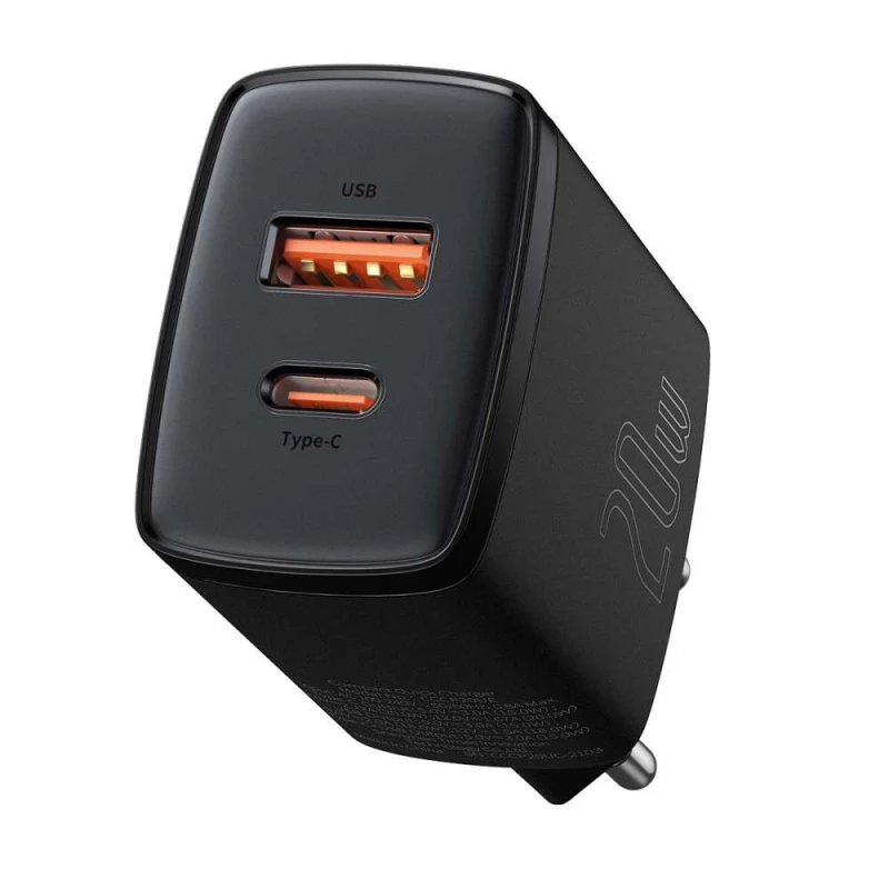 МЗП Baseus Compact Quick Charger 20W QC+ PD (Type-C + 1USB) – Black. Фото 2 з 5