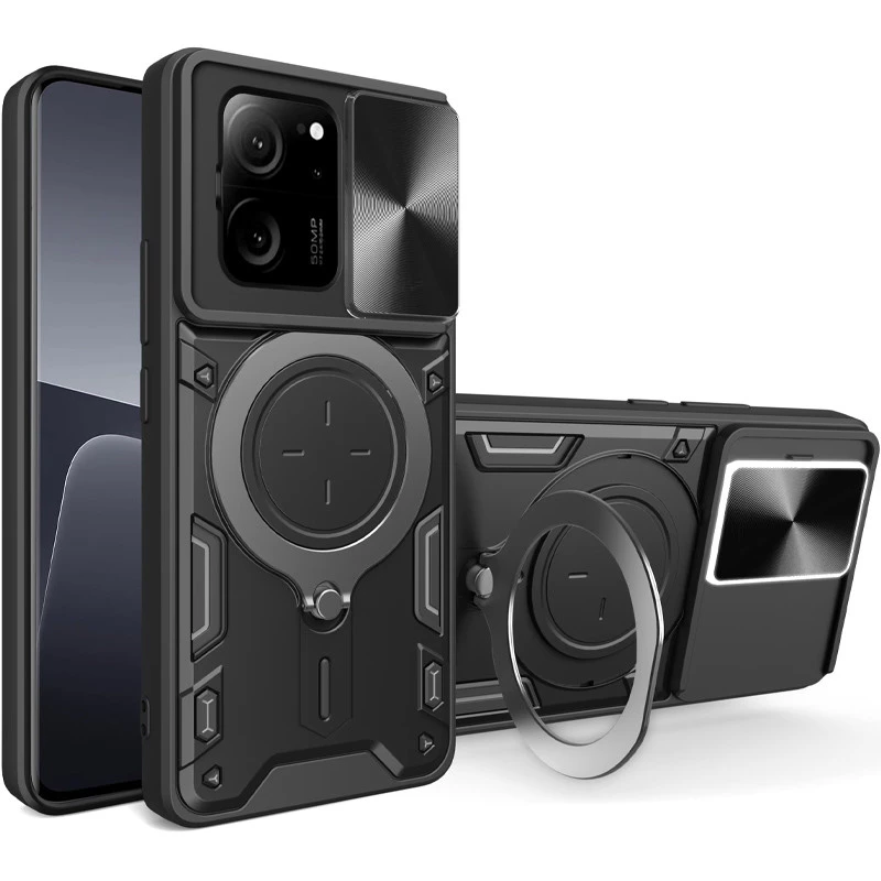 Ударостійкий чохол Bracket Ringstand із захисною шторкою для камери на Xiaomi 13T – Black. Фото 2 з 8