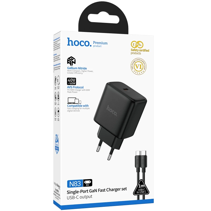 МЗП Hoco N83 Profit PD40W (1USB-C) + кабель Type-C to Type-C – Black. Фото 2 з 4