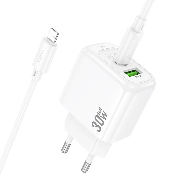 СЗУ Hoco CS55A Surplus PD30W+QC3.0 (1USB-A/1C) + Type-C to Lightning – White. Фото 6 из 7