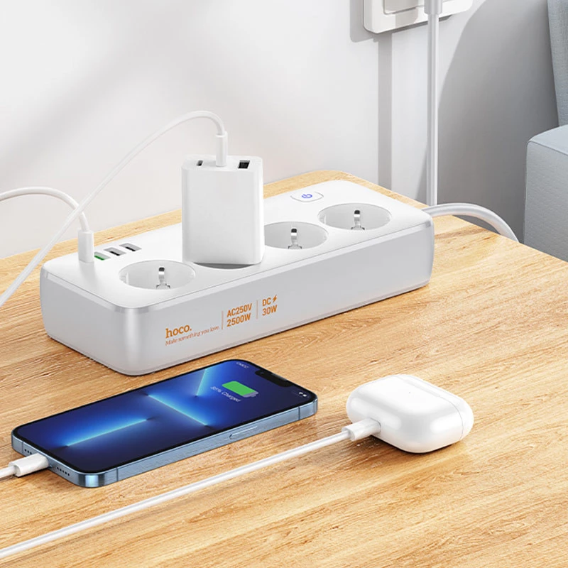 Удлинитель Hoco AC22 Sunlight (PD30W/1C/3A/4xSocket) (1.5m) – White. Фото 5 из 5