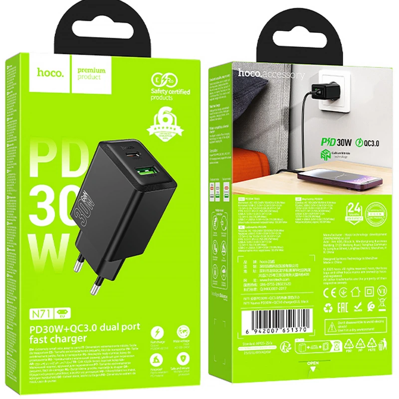 СЗУ Hoco N71 Nuevo PD30W+QC3.0 (1USB-A/1C) – Black. Фото 5 из 5