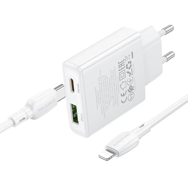 МЗП Borofone BN25 Wish PD30W+QC3.0 (1USB-A/1C) + кабель Type-C to Lightning – White. Фото 5 з 7
