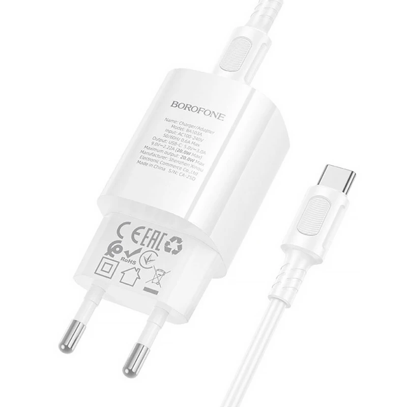 МЗП Borofone BA103A Pudding PD20W (1USB-C) + кабель Type-C to Type-C – White. Фото 4 з 6