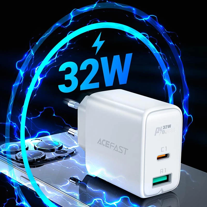 СЗУ Acefast A5 PD32W GaN (USB-C+USB-A) – White. Фото 2 из 4