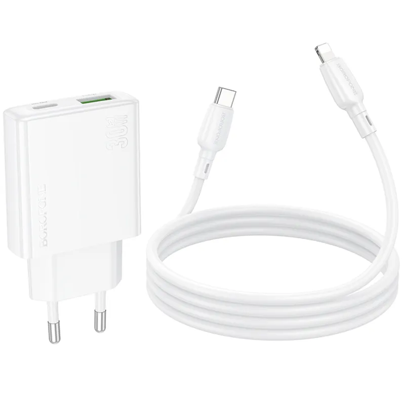 МЗП Borofone BN25 Wish PD30W+QC3.0 (1USB-A/1C) + кабель Type-C to Lightning – White. Фото 7 з 7