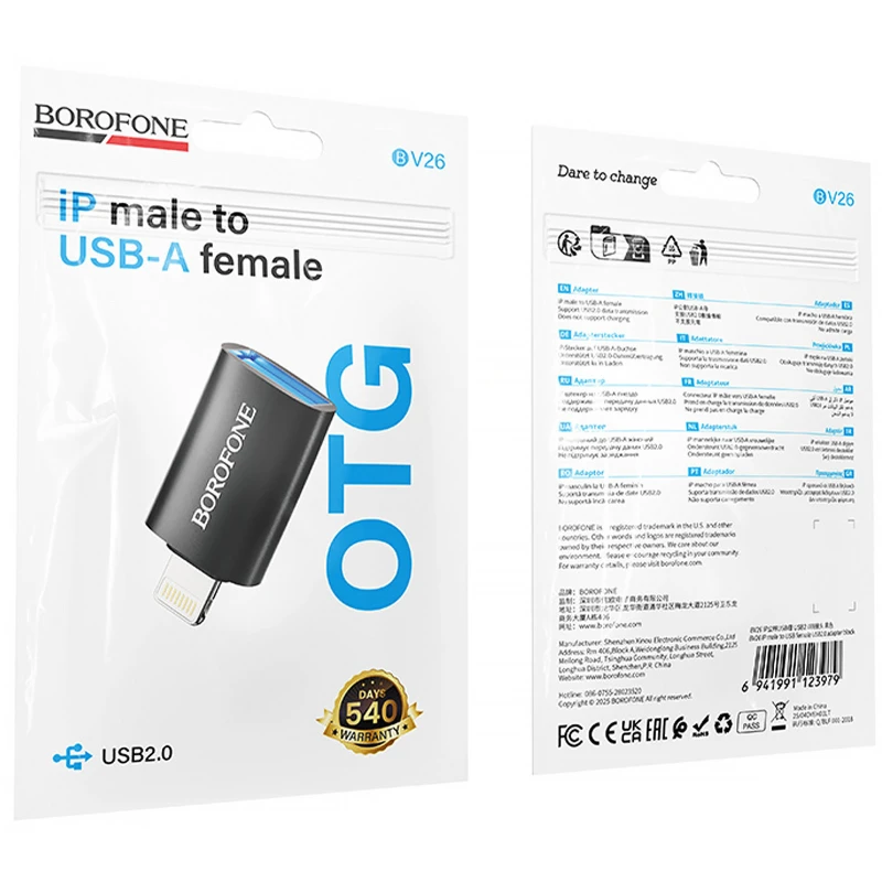 Перехідник Borofone BV26 Lightning Male to USB Female USB2.0 – Black. Фото 6 з 6