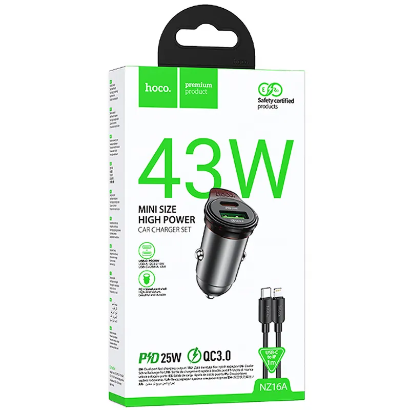 АЗП Hoco NZ16A Rigorous 43W (1USB-A/1C) + кабель Type-C to Lightning – Metal grey. Фото 2 з 6