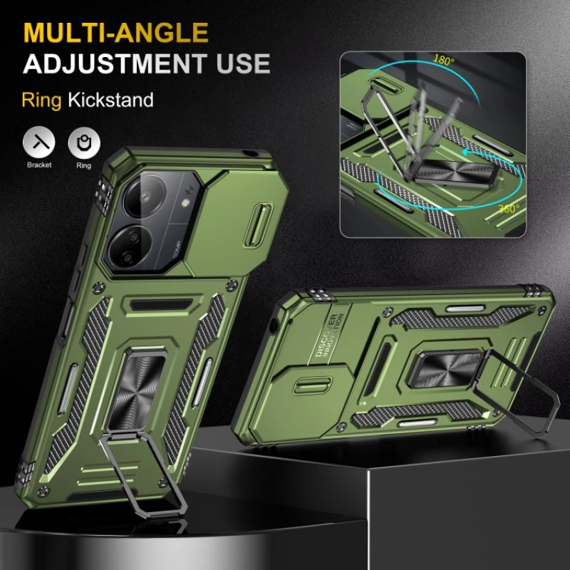 Ударостійкий чохол Square Ring зi шторкою на камеру на Xiaomi Redmi 13C – Оливковий / Army Green. Фото 4 з 7