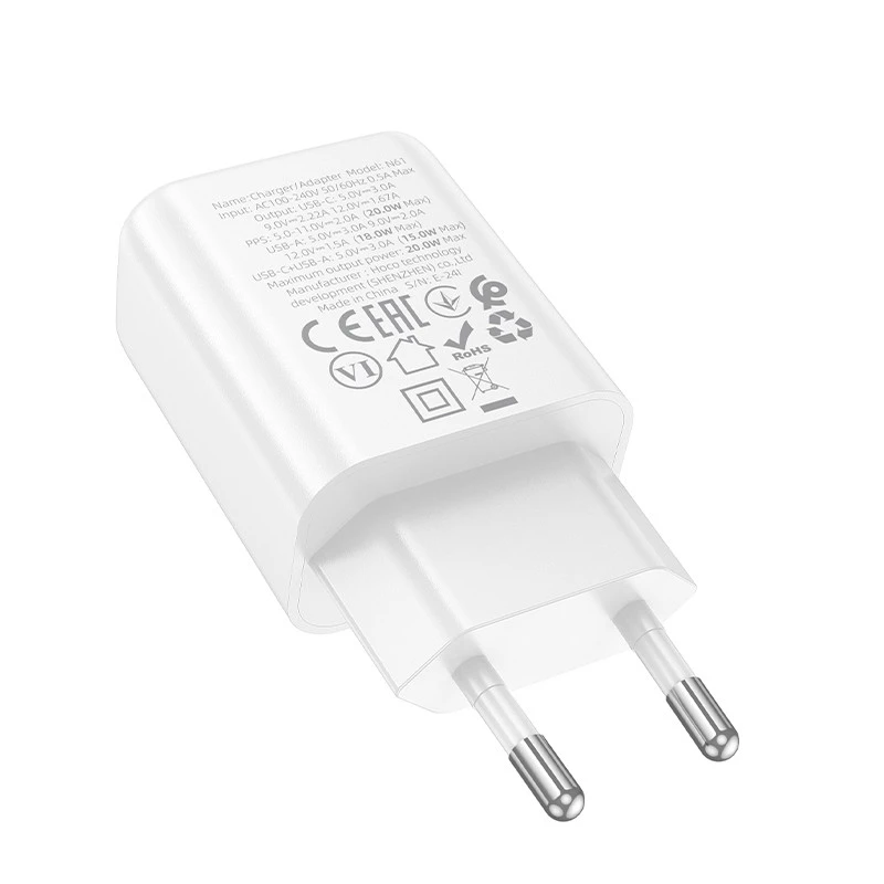 СЗУ Hoco N61 Gentle PD20W+QC3.0 (1USB-A/1C) + кабель Type-C to Lightning – White. Фото 5 из 6