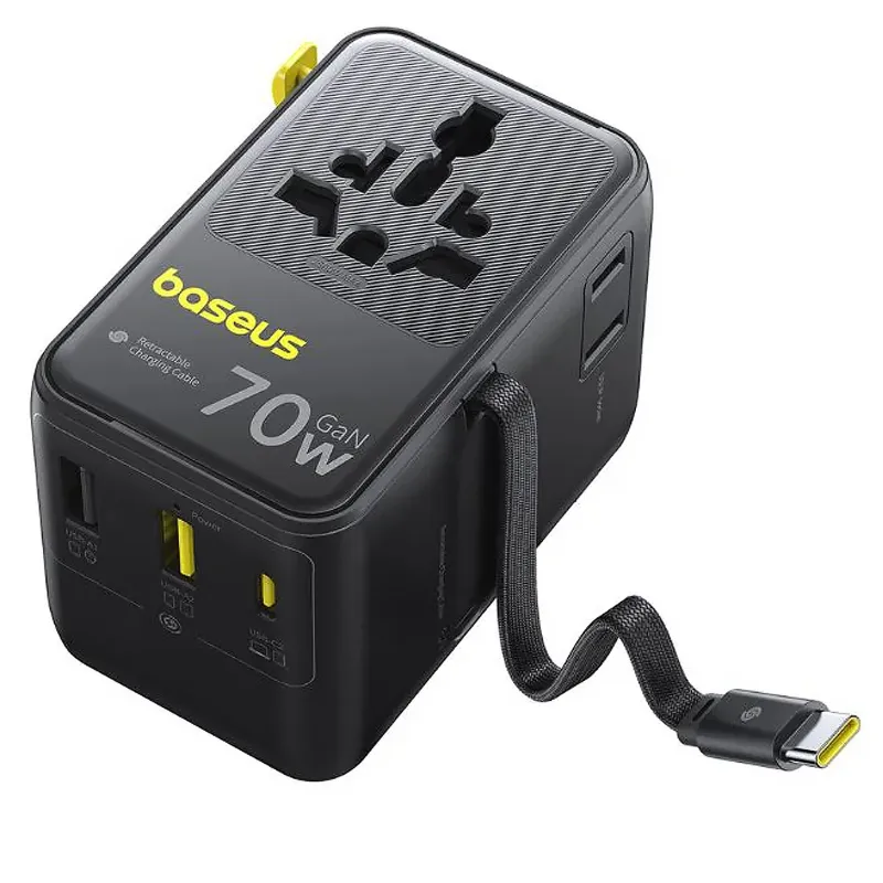 Мережевий універсальний перехідник Baseus CG11 70W with retractable cable (2USB-A/3C/1Socket) (E0307E) – Cosmic Black. Фото 2 з 3