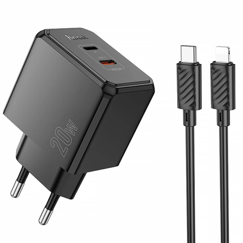МЗП Hoco CS16A Wish PD20W (1USB-C/1L) + кабель Type-C to Lightning – Black. Фото 1 з 7