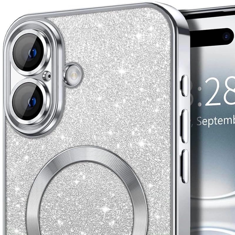 Чохол з блискітками, захисними лінзами на камеру та MagSafe на Apple iPhone 16 Plus – Сірий / Gray. Фото 6 з 6
