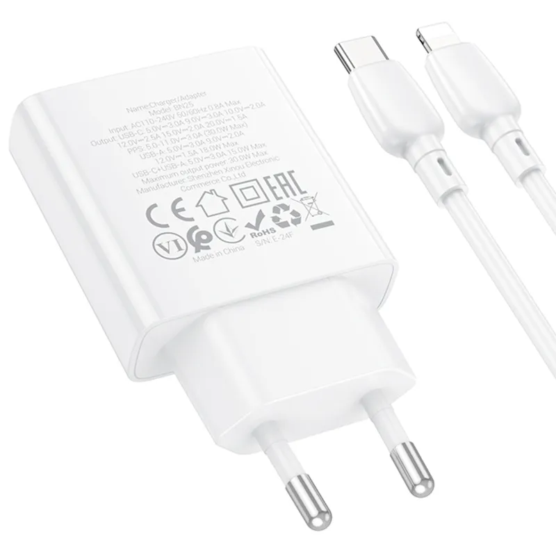 МЗП Borofone BN25 Wish PD30W+QC3.0 (1USB-A/1C) + кабель Type-C to Lightning – White. Фото 6 з 7