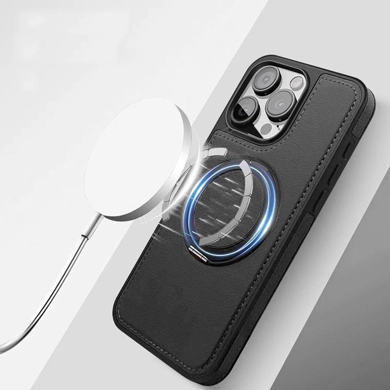 Кожаная ретро накладка с кольцом и Magnetic Safe для Apple iPhone 15 Pro (6.1") – Black. Фото 3 из 4