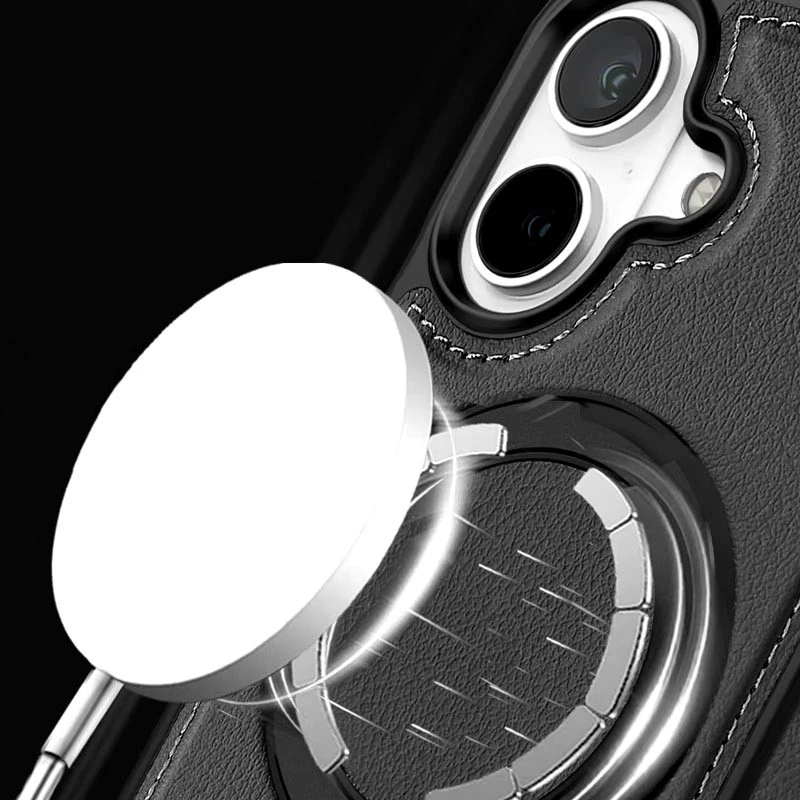 Шкіряна ретро накладка з кільцем та Magnetic Safe на Apple iPhone 16 – Black. Фото 6 з 6