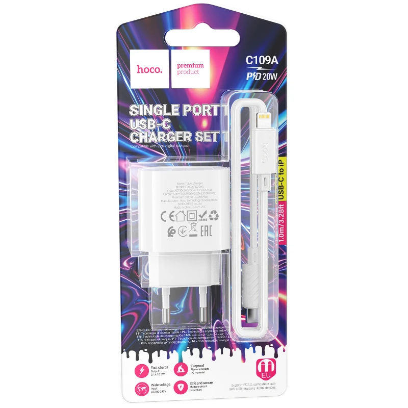 МЗП Hoco C109A Fighter PD20W+QC3.0 (1USB-A/1C) + кабель Type-C to Lightning – White. Фото 2 з 6