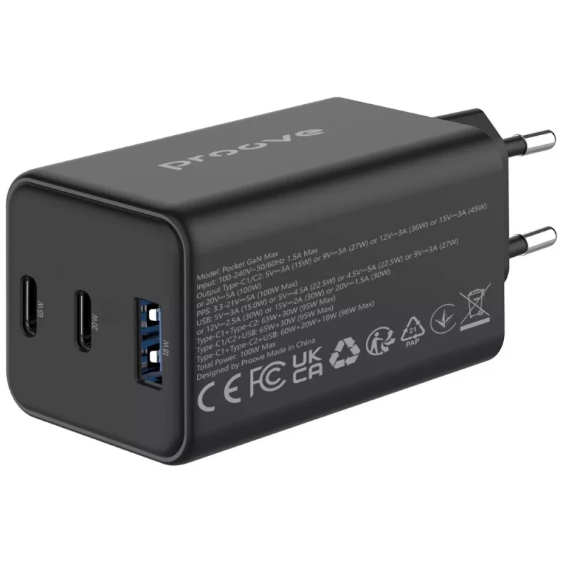 СЗУ Proove Pocket GaN 65W (1USB-A/2C) – Black. Фото 4 из 5