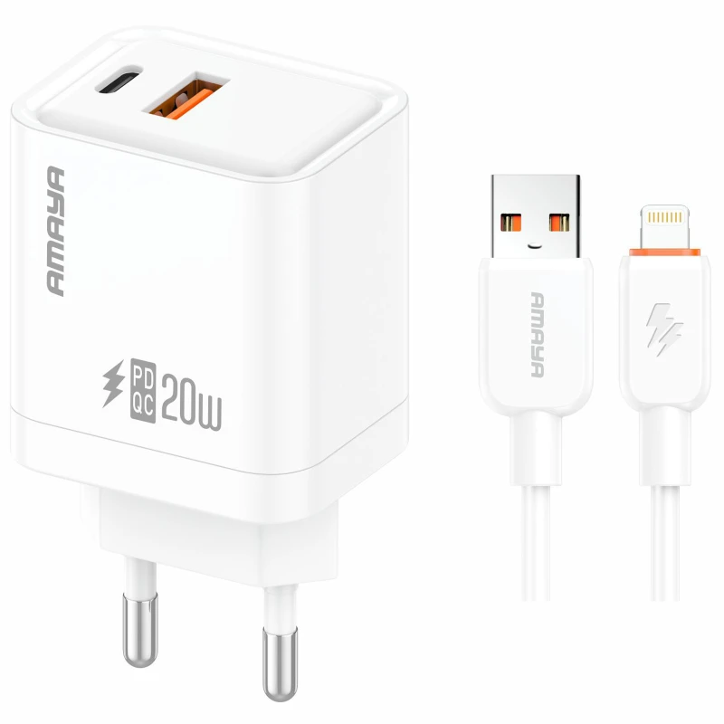 МЗП Amaya E77D PD20W+QC3.0 (1USB-A/1C) + кабель USB to Lightning фото 1 з 1