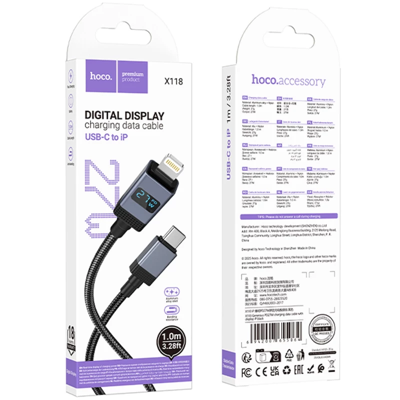 Дата кабель Hoco X118 Generous with display Type-C to Lightning 27W (1m) – Black. Фото 6 из 6