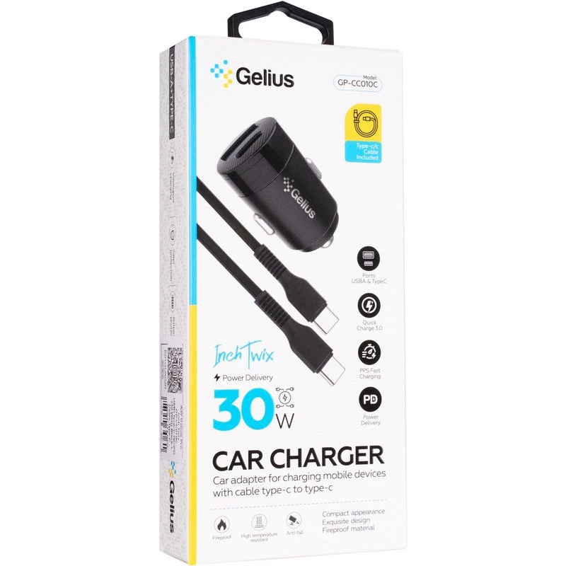 АЗУ Gelius Inch Twix GP-CC010C USB+Type-C (QC/PD30W) + Type-C to Type-C – Black. Фото 5 из 6