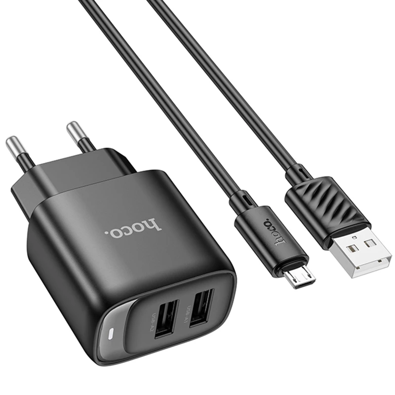 МЗП Hoco C141A Smart 2.1A (2USB-A) + кабель USB to MicroUSB – Black. Фото 4 з 5