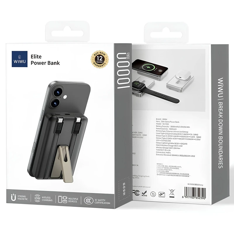 Портативний ЗП Power Bank WIWU Wi-P056 22.5W+PD20W з БЗП+iWatch with cable 10000 mAh – Black. Фото 3 з 5