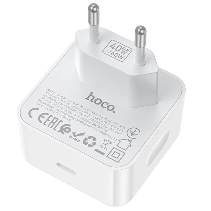 СЗУ Hoco C161A Speed PD40W (1USB-C) – White. Фото 3 из 6