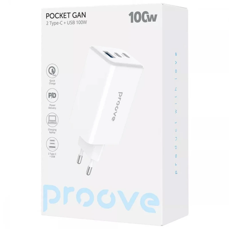 СЗУ ProovePocket GaN Max 100W (1USB-A/2C) – White. Фото 2 из 2