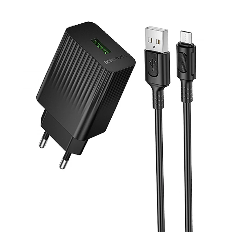 МЗП Borofone BAS72A Source QC3.0 (1USB-A) + кабель USB to MicroUSB – Black. Фото 1 з 4