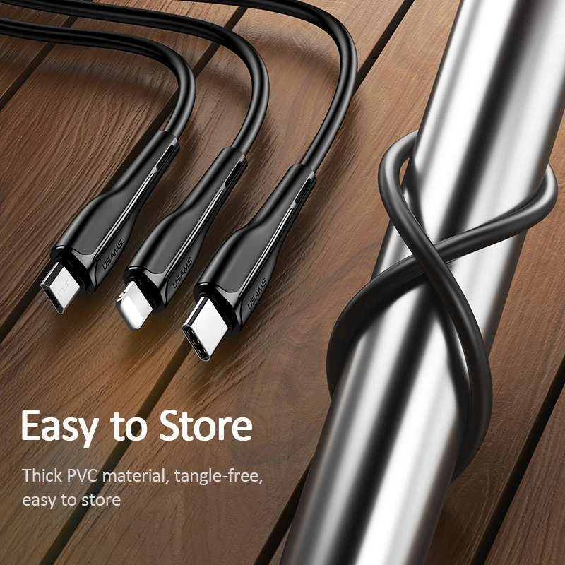 Дата кабель Usams US-SJ374 U38 3IN1 Charging Cable 1m – Чорний. Фото 3 з 5