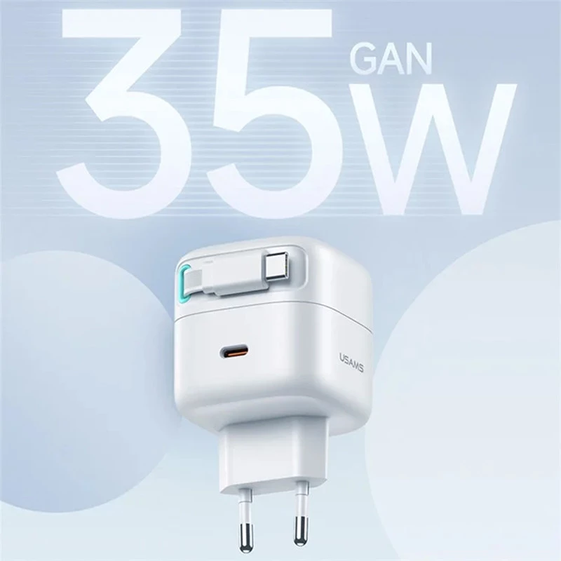 МЗП Usams US-CC202 GaN With Type-C Magnetic Retractable Cable Module XMF Ser. 35W (2USB-C) – White. Фото 4 з 8
