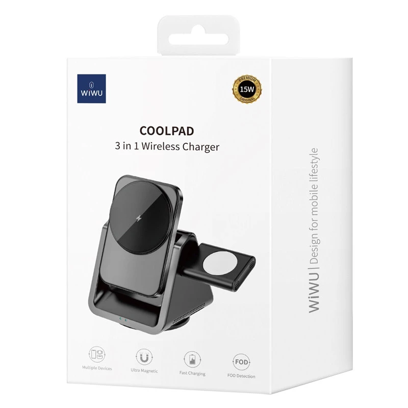 БЗП WIWU Wi-W018 3 in 1 wireless charger – Grey. Фото 2 з 4