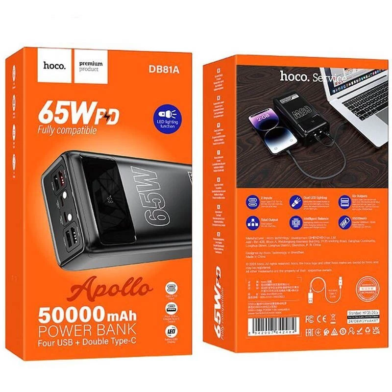 Портативний ЗП Power Bank Hoco DB81A Apollo PD65W 50000 mAh – Black. Фото 6 з 6