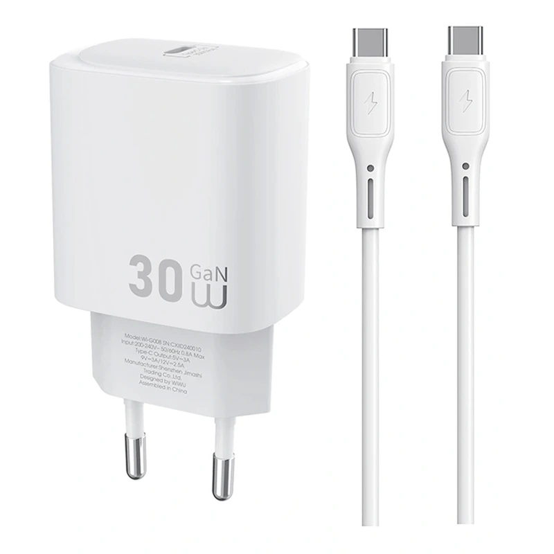 МЗП WIWU G008 Essen PD30W GaN (1USB-C) + кабель Type-C to Type-C – White. Фото 1 з 4