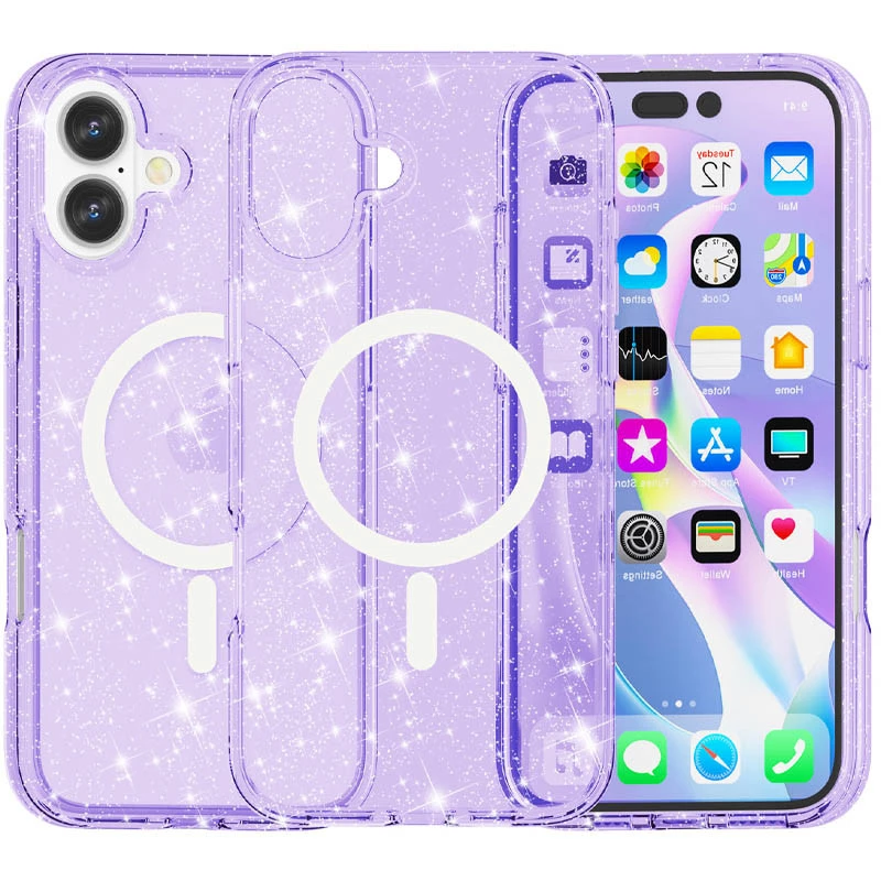 Чехол с блестками и MagSafe на Apple iPhone 16 Plus – Purple+Glitter. Фото 1 из 4