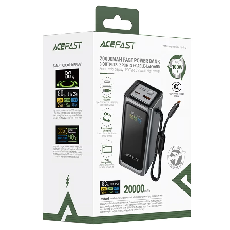 Портативний ЗП Power Bank Acefast M33 100W 20000 mAh – Metal gray. Фото 4 з 4