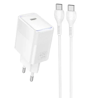 МЗП Hoco CS113A Lounge PD40W (1USB-C) + кабель Type-C to Type-C — White