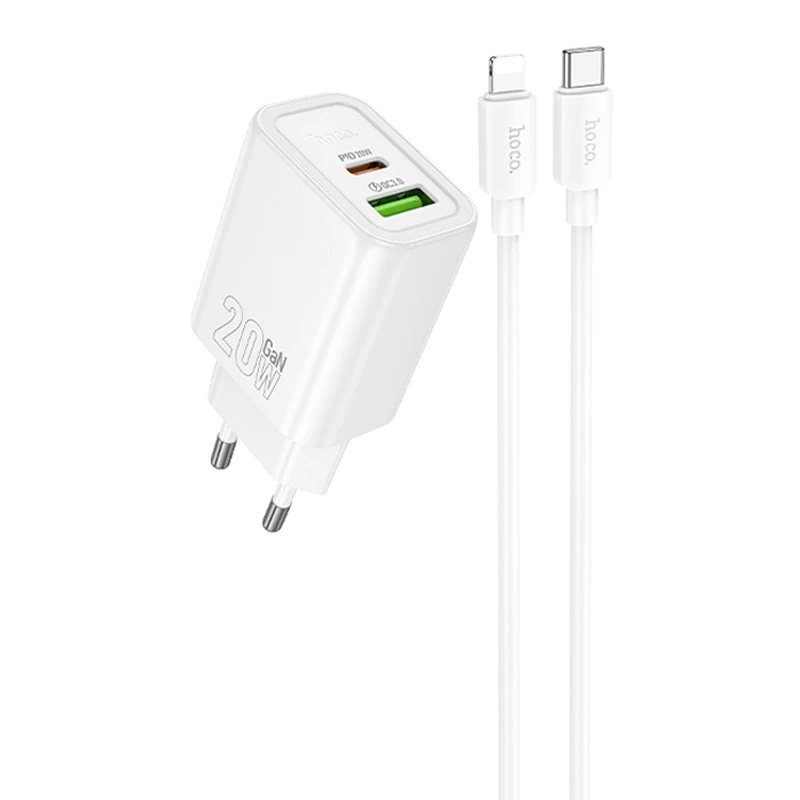 СЗУ Hoco N61 Gentle PD20W+QC3.0 (1USB-A/1C) + кабель Type-C to Lightning – White. Фото 1 из 6