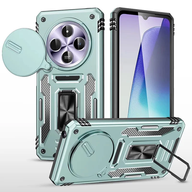 Ударостійкий чохол Square Ring зi шторкою на камеру на Xiaomi Poco C75 – Зелений / Light Green. Фото 1 з 5