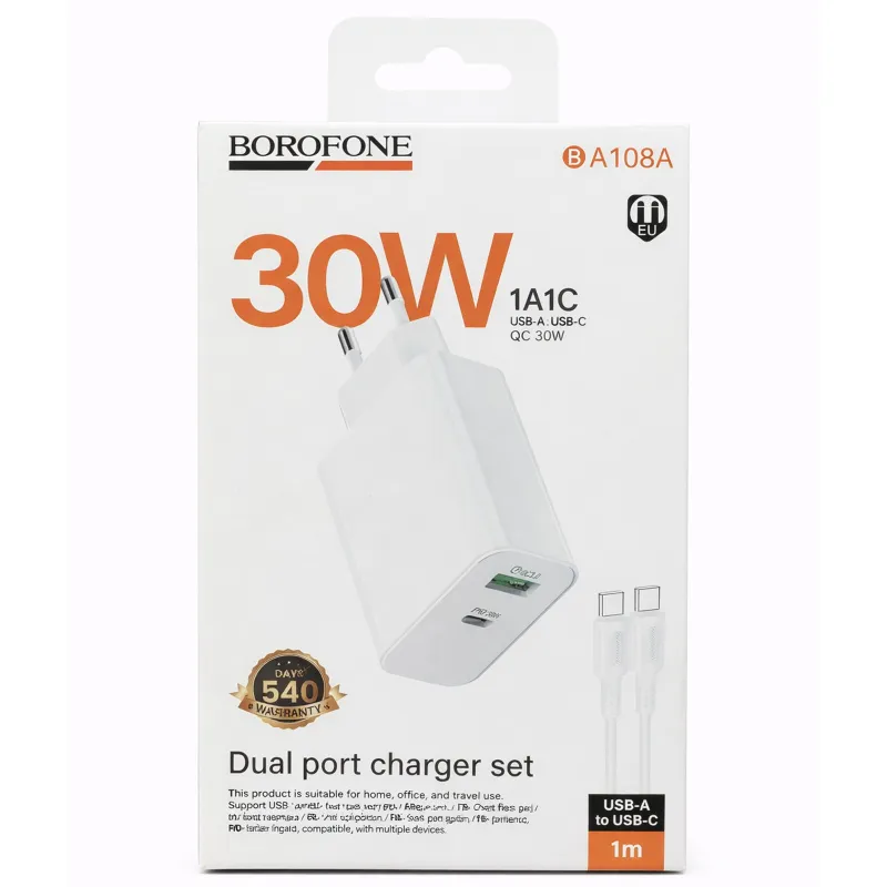 МЗП Borofone BA108A Stellar PD30W+QC3.0 (1USB-A/1C) + кабель Type-C to Type-C – White. Фото 2 з 2