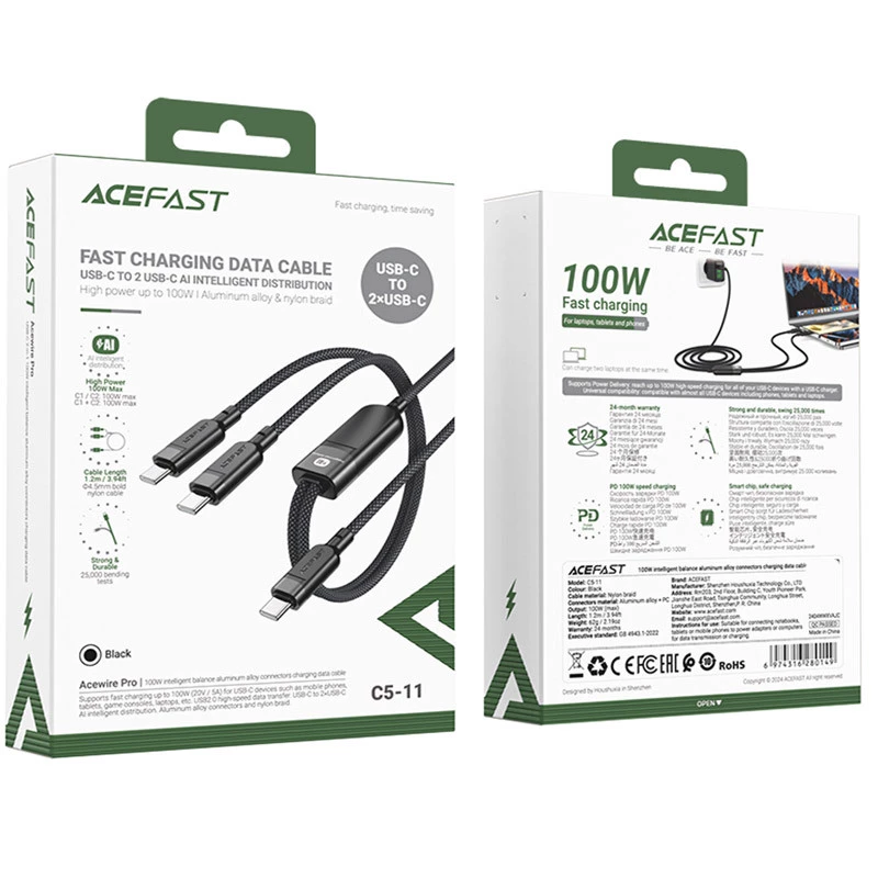 Дата кабель Acefast C5-11 USB-C to 2xUSB-C 100W (1.2m) – Black. Фото 2 з 5