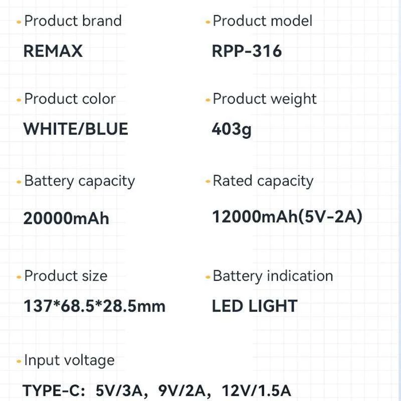 Портативний зарядний пристрій Power Bank RPP-316 PD20W+QC22.5W 20000 mAh – Білий. Фото 5 з 5