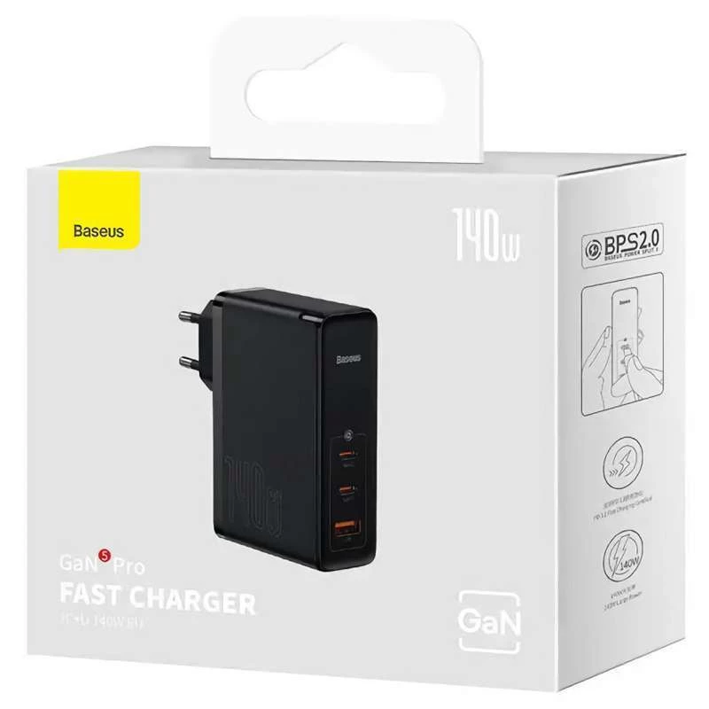 МЗП Baseus GaN5 Pro 2Type-C+USB 140W EU (with Type-C to Type-C 140W (1m)) (CCGP100201) – Black. Фото 6 з 6